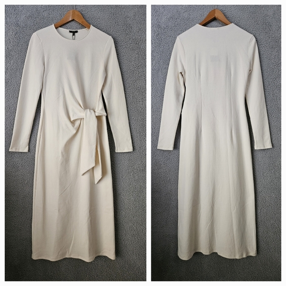 Massimo Dutti Off White Cotton Knit Midi Dress Small Long Sleeve Waist Knot FLAW - Picture 3 of 11